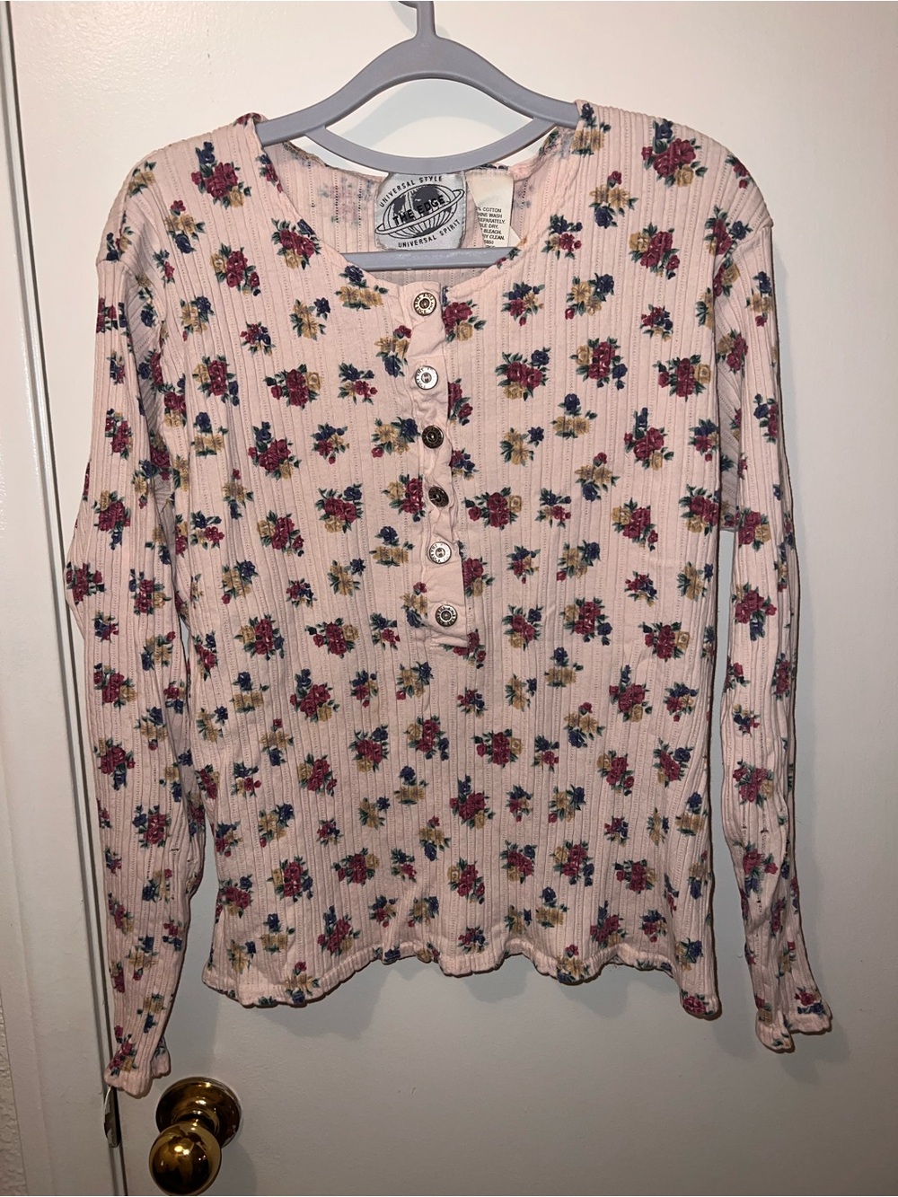 Ribbed Floral Henley Long Sleeve Top - Pink